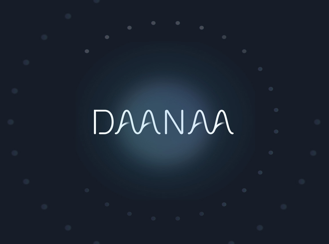 The daanaa wordmark on a faded abstract dark blue background